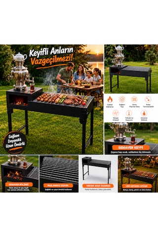 Dtagas Bahçe, Kamp Ve Piknik İçin, Katlanabilir Ayaklı, Semaver Bölmeli, Çelik Gövdeli Profesyonel Mangal Siyah