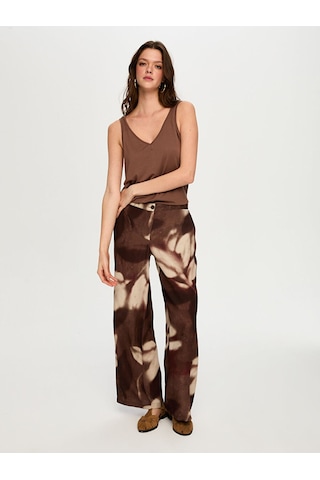 Faik Sönmez Soyut Çiçek Desen Ketenli Wide Leg Fit Pantolon S26pnt035 Us26pnt03530 Kahve
