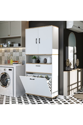 Çamaşır Sepetli Banyo Dolabı, Çok Amaçlı Dolap 90 X 200, Roomart Atlantik Çam - Beyaz