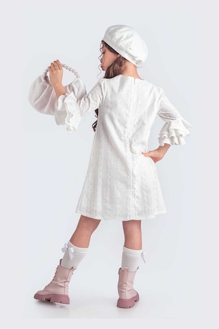 Beyaz Valon Kesim Şapkalı-çantalı Elbise Beyaz