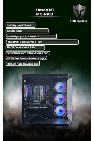Mod Gaming Hexon MG-N16B R5-7500F 16 GB 512 GB SSD 8 GB RTX5060 W11P Masaüstü Oyuncu Bilgisayarı