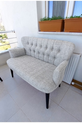 Azra Mobilya Ikili Balkon Koltugu - Kanepe - Keten Kumaş - Buyuk Berjer - Krem Krem