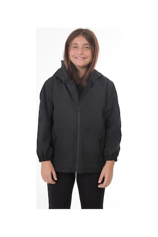 Kız Çocuk Siyah İçi Astarlı Su Ve Rüzgar Geçirmez Kapüşonlu Çift Fermuarlı Cepli Yağmurluk Siyah