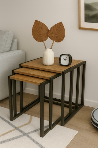 Clevernest 3lü Zigon Sehpa Ahsap Ve Metal - Çam Rengi Çam