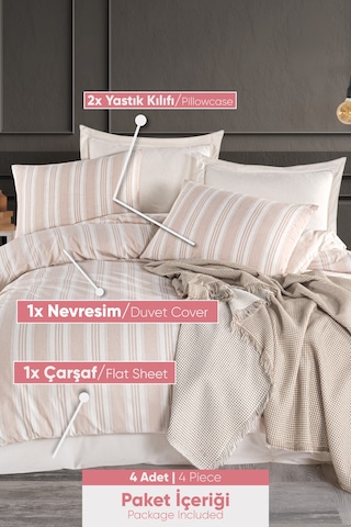 Eponj Home Sport Çizgili Nevresim Takımı Çift Kişilik Soft Line Bej Bej