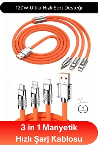 Şarjkablosu 3in1 Manyetik Hızlı Şarj Kablosu 120w Type C Lightning Micro Usb Çinko Alaşımlı 1.2 Met