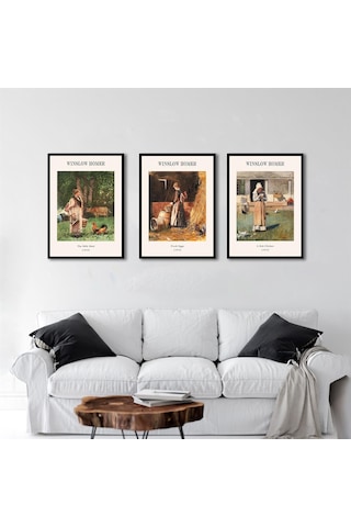 Winslow Homer Çiftlik Kızları Üçlü Çerçeveli Mdf Tablo Seti-174302