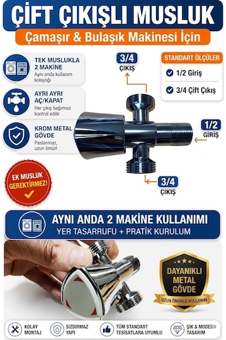 Çift Su Girişli Çamaşır Ve Bulaşık Makine Musluğu Taharet Musluğu Taksimat Musluk