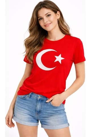 Valensdesign T-shirt Kısa Kol Bisiklet Yaka Ay Yıldız Bayrak Baskılı Tişört - Kırmızı