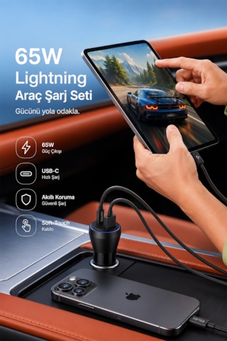 Kensa 65w Çift Portlu Hızlı Araç Şarj Aleti + Type-c To Lightning Şarj Kablosu Seti 65w Araç Şarj