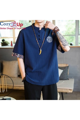 Rahat Up Çin Tarzı 1/2 Kollu Casual Gömlek Erkek İnce Stand Yaka Nakış Pamuk Ve Keten Lacivert