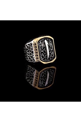 925 Ayar Gümüş Telkari Detaylı Elif İşlemeli Erkek Yüzük Çok Renkli