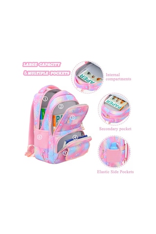 Su Geçirmez Çok Cepli Ortopedik Omuz Destekli Kız Çocuk 3 Lü Okul Çanta Seti Pembe Lila Pembe