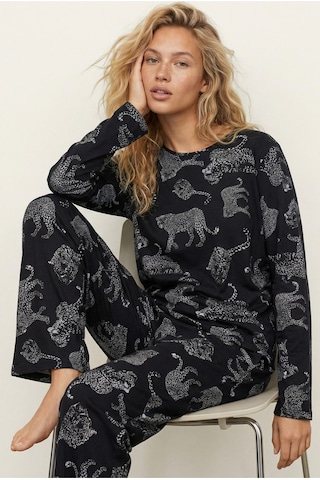 Siyah İnci Siyah Leopar Baskılı Örme Pijama Takım 7613