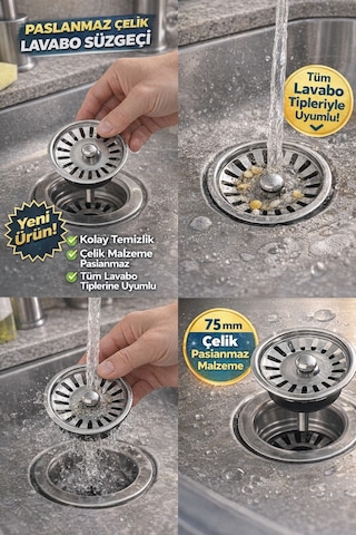 Paslanmaz Çelik Lavabo Süzgeci 8 Cm Gider Tıpası Mutfak Banyo Koku Önleyici Filtre