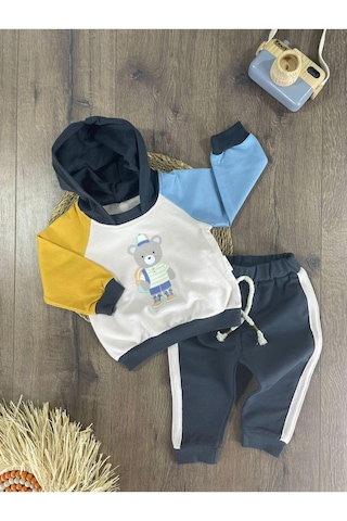 Teddy Ayıcık Baskılı Kapüşonlu Renkli Kol Detaylı Erkek Bebek Takım Koyu Füme