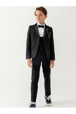 Erkek Çocuk Duble Yaka İğne Detaylı 5 Parça Takım Elbise-15837 Siyah