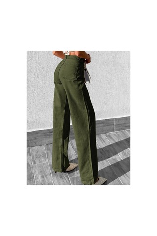 Kene Jeans Yüksek Bel Haki Keten Bol Paça Tam Kalıp Pantolon Haki