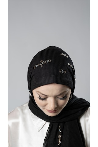 Siyah Pratik Hazır Geçmeli Tesettür Şal Örme Kumaş Taşlı Çiçek Desenli 2118c 01