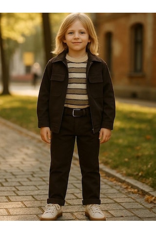 Zekids Erkek Çocuk Kemerli Gabardin Pantolon-16347 Kahverengi