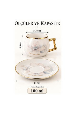 Valkyrie Magnolia Serisi 12 Parça 6 Kişilik 100 Ml Gold Çiçek Desenli Türk Kahvesi Fincan Takımı Beyaz Altın