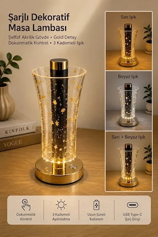Dokunmatik Led Masa Lambası Şeffaf Akrilik Gövdeli Gold Detaylı Şarjlı Dokunmatik Led Masa Lambası 3