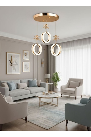 Aurea Model 3 Lü Kristal Taşlı Gold 3 Renk Modu Ledli Salon Mutfak Oturma Odası Sarkıt Led Avize Altın