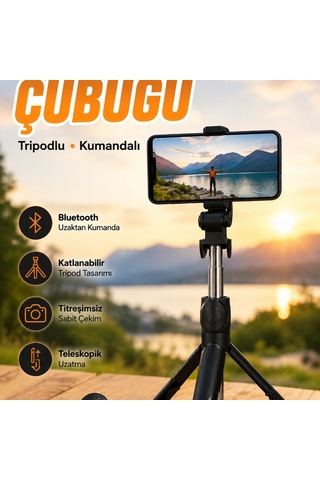 Selfie Çubuğu Tripodlu Kumandalı Telefon Tutucu Siyah