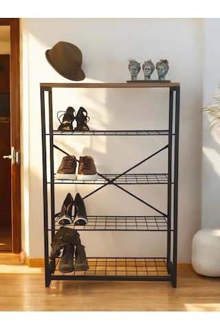 5 Metal Raflı Ahşap Tablalı Dresuar Salon Sehpa Ve Ayakkabılık Siyah
