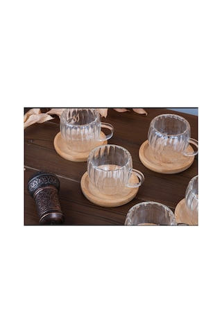 6 Lı Bambu Tabaklı Çift Cidarlı Kahve Fincan Takımı Cidarlı Fincan Seti 80 Ml 12 Parça Şeffaf Şeffaf
