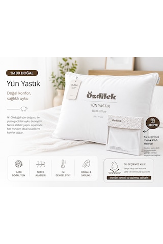 Özdilek %100 Doğal Yün Yastık 50x70 Cm Nefes Alan, Isı Dengeleyici Premium Uyku Yastığı + Su Geçirmez Yastık Kılıfı Hediyeli Krem