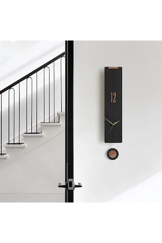 Cajuart Modern Uzun Ahşap Siyah Çarpraz Çizgili Sarkaçlı Duvar Saati