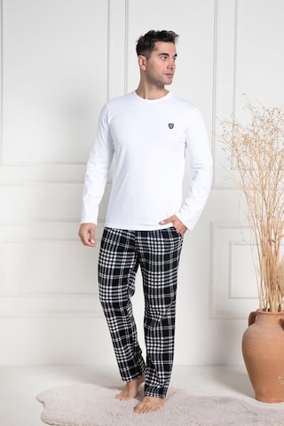 Mecit Pijama Mecit 3082 Erkek Beyaz Ekoseli Büyük Beden Pijama Takımı Beyaz