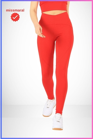 Missmaral Slim Fit Tayt Yüksek Bel Toparlayıcı Kırmızı Spor Model Flatlock Dikiş Detaylı Oslo 1090 Kırmızı