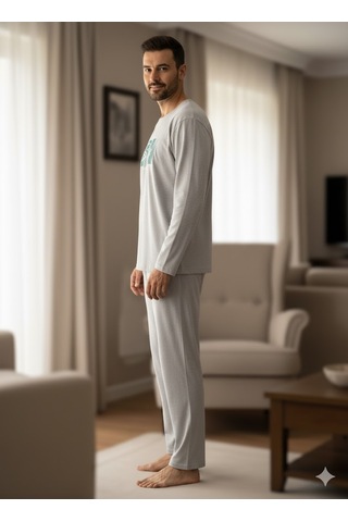 Erkek Uzun Kol Pijama Takım Açık Gri