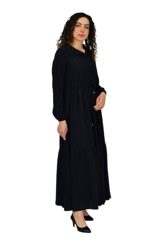 Kadın Uzun Kol Lastikli Kabartma Çizgili Elbise Bgl-st04676 siyah