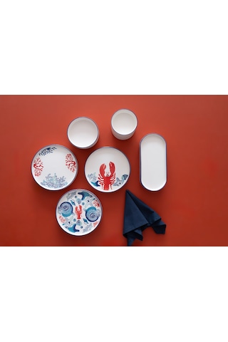 Kevin Seramik Hand Made 14 Parça 6 Kişilik Mercan Kahvaltı Takımı Beyaz - Kırmızı
