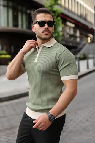 Efnaz Style Erkek Yaka Ve Kol Detaylı Fermuar Yakalı Çizgi Desen Kısa Kollu Triko Tişört Çağla Yeşili