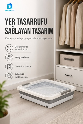 45 L Tekerlekli Katlanabilir Saklama Kutusu Kapaklı Çok Amaçlı Ev Düzenleyici Organizer Beyaz - Gri