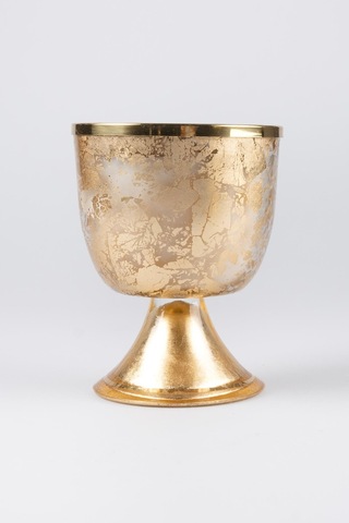 Altın Varak Eskitme Ayaklı Cam Mumluk Kokusuz Mum Logo Kapaklı Orta 12x15 Cm