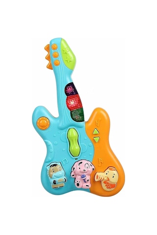 Hayvan Sesleri Çıkaran Işıklı Ninnili Müzikli Gitar İnteraktif Bebek Eğitici Tuşlu Oyuncak - Mavi