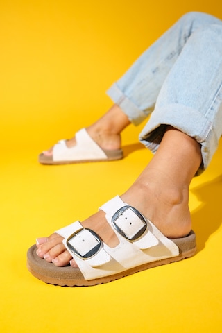 Ovesta Beyaz Süet Hakiki Deri Çift Bantlı Kadın Terlik Beyaz