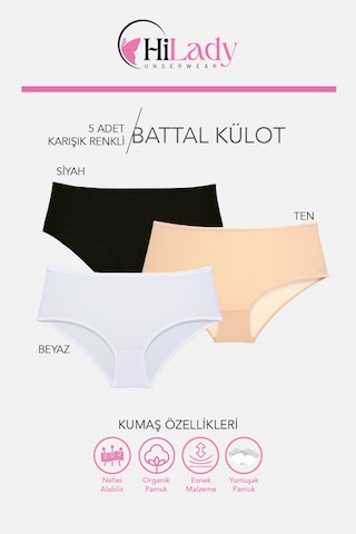 Kadın Külot, Orta Yüksek Bel Büyük Beden Külot 4xl-5xl-6xl 5 Adet, Yumuşak Pamuklu Rahat Kumaş Siyah - Beyaz - Ten