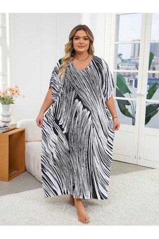 Edolynsa Siyah Çizgili Bol Kadın Kaftan Sabahlık Büyük Boy Ev Giyimi Rahat Giyim Yazlık Giyim Mayo Üst Kıyafet Q1594 Çok Renkli