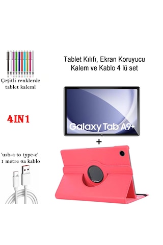 Samsung Galaxy Uyumlu Tab A9+ 11'' Sm-x210 360 Dönebilen Standlı Pu Deri Kılıf+ekran Koruyucu+kalem+kablo Dönerli Kılıf