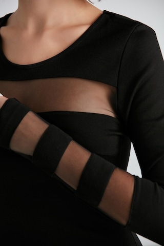 Kadın Kolları Ve Yakası Tasarım Tül Detaylı Uzun Kol Kışlık Şık Elbise Siyah