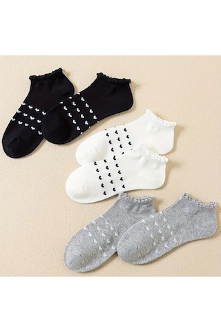 Hitit Socks Kadın 3 Çift Premium Kalite Kalp Desenli Volanlı Patik Karışık Renkli ASORTİ