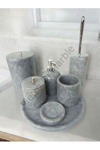 Gri Mermer Klasik Model 7 Parça Gümüş Renk Düğme Aksesuarlı Banyo Seti Gri
