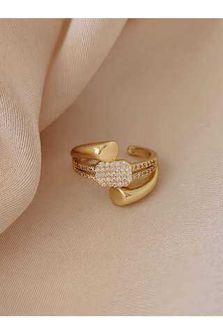 Üçlü Çapraz Zirkon Taşlı Model Ayarlanabilir Gold Altın Renkli Yüzük Gold