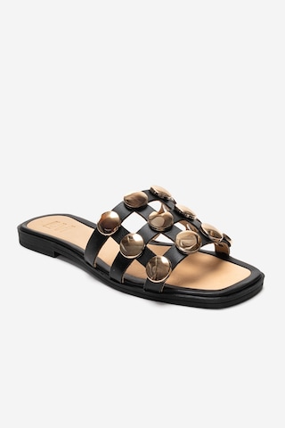 Luvishoes Bareon Siyah Cilt Hakiki Deri Bantlı Altın Tokalı Kadın Terlik